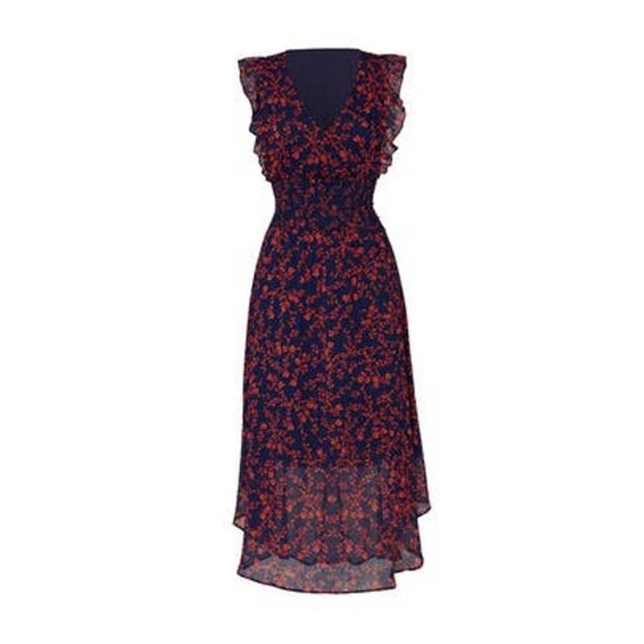 Slate & Willow Navy Smocked Waist Red Orange Printed Florals Dress Size XS - Picture 4 of 15